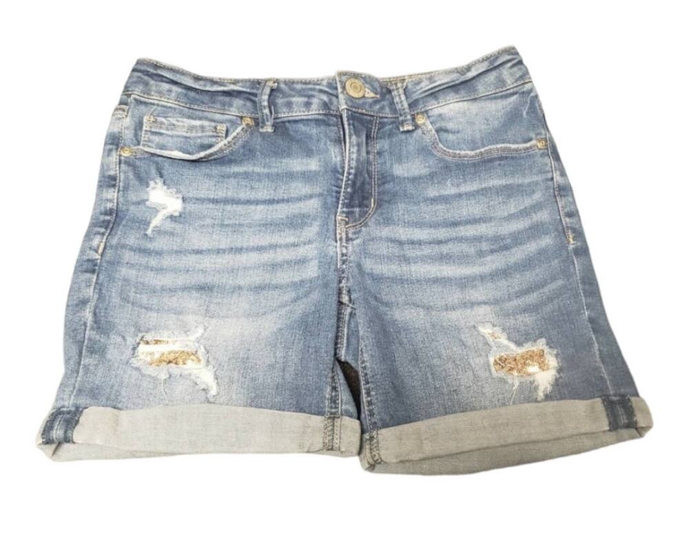 Mudd Girls Distressed Sequin Light Washed Blue Jean Shorts | Size 14